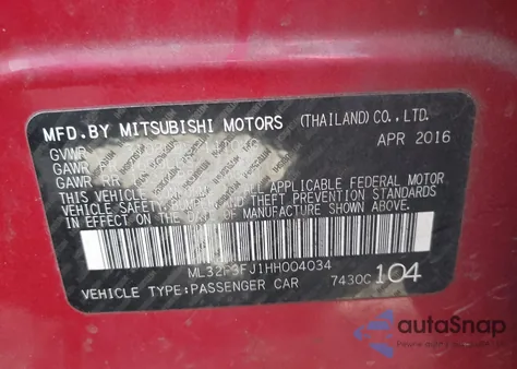 2017 Mitsubishi Mirage G4 Es z USA, uszkodzony, nr VIN ML32F3FJ1HH004034